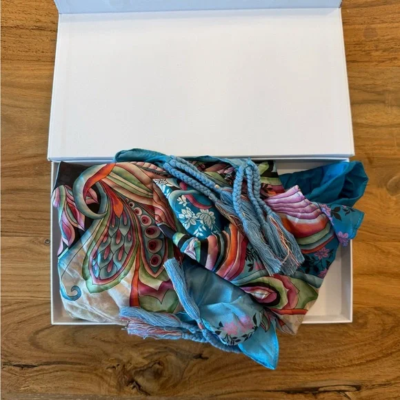 Johnny Was Blue Silk Scarf (in box) - Picture 4 of 6